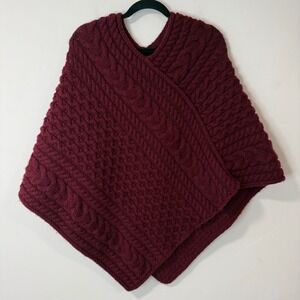 SAOL Ireland Womens Poncho Sweater S/M Burgundy Red 100% Virgin Wool Cable Knit